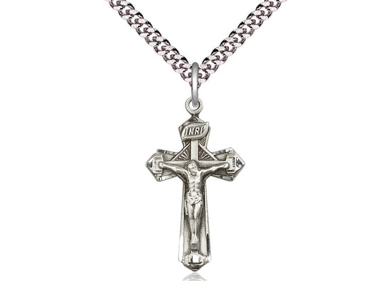 Sterling Silver Crucifix Pendant on a 24 inch Light Rhodium Heavy Curb Chain - Unique Catholic Gifts