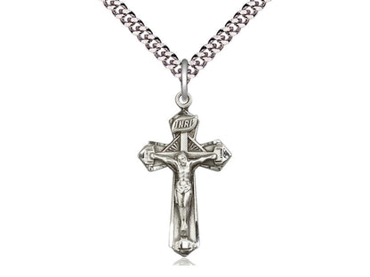 Sterling Silver Crucifix Pendant on a 24 inch Light Rhodium Heavy Curb Chain - Unique Catholic Gifts