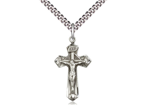 Sterling Silver Crucifix Pendant on a 24 inch Light Rhodium Heavy Curb Chain - Unique Catholic Gifts