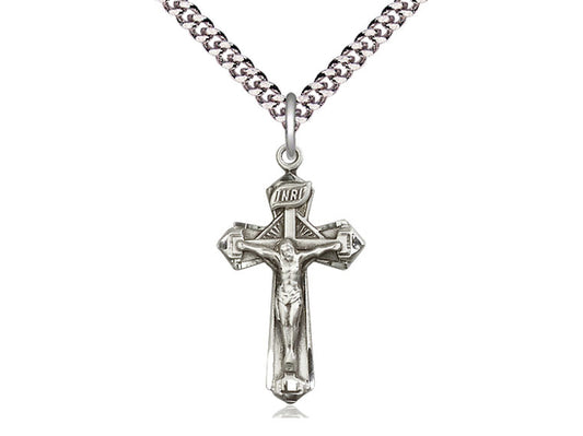 Sterling Silver Crucifix Pendant on a 24 inch Light Rhodium Heavy Curb Chain - Unique Catholic Gifts