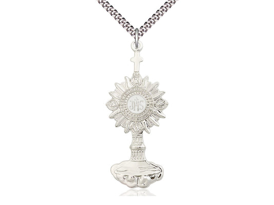 Sterling Silver Monstrance Pendant on a 24 inch Light Rhodium Heavy Curb Chain - Unique Catholic Gifts