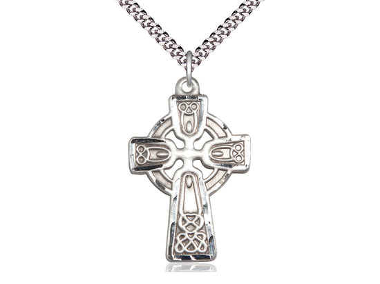 Sterling Silver Celtic Cross Pendant on a 24 inch Light Rhodium Heavy Curb Chain - Unique Catholic Gifts