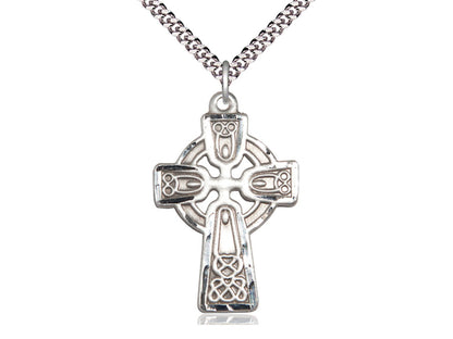 Sterling Silver Celtic Cross Pendant on a 24 inch Light Rhodium Heavy Curb Chain - Unique Catholic Gifts