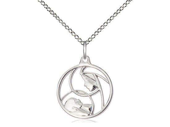 Sterling Silver Madonna & Child Pendant on a 18 inch Sterling Silver Light Curb Chain - Unique Catholic Gifts
