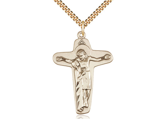 14kt Gold Filled Sorrowful Mother Crucifix Pendant on a 24 inch Gold Plate Heavy Curb Chain. - Unique Catholic Gifts