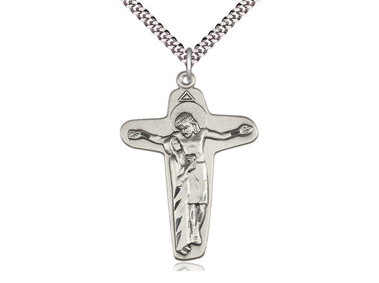 Sterling Silver Sorrowful Mother Crucifix Pendant on a 24 inch Light Rhodium Heavy Curb Chain - Unique Catholic Gifts