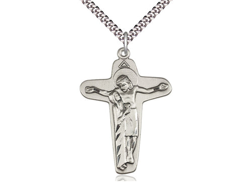 Sterling Silver Sorrowful Mother Crucifix Pendant on a 24 inch Light Rhodium Heavy Curb Chain - Unique Catholic Gifts