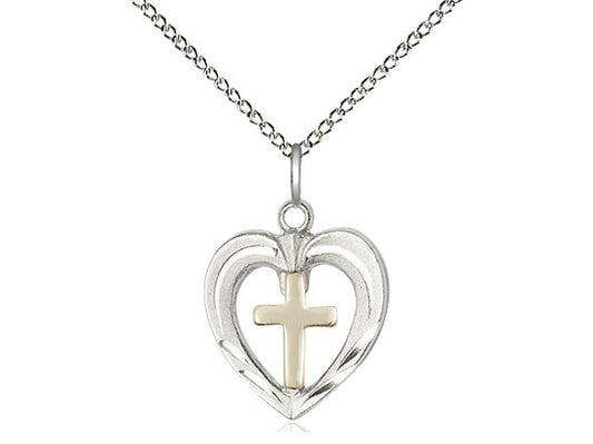 2-Tone Sterling Silver Heart / Cross Pendant on a 18 inch Sterling Silver Light Curb Chain. - Unique Catholic Gifts