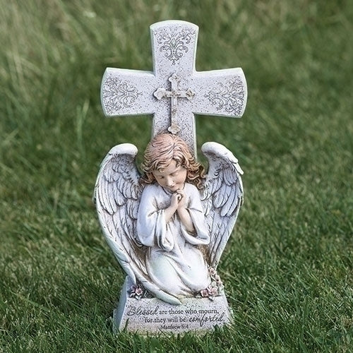 Angel W/cross Garden Statue 14.5"H - Unique Catholic Gifts