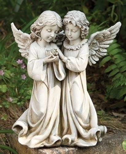 Angels W/bird Garden Statue 12.25"H - Unique Catholic Gifts