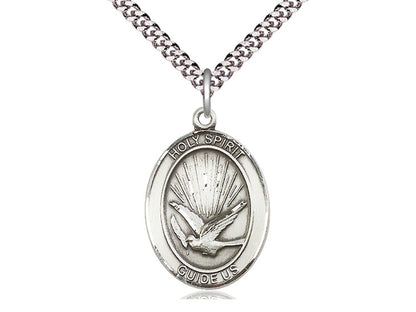 Sterling Silver Holy Spirit Pendant on a 24 inch Light Rhodium Heavy Curb Chain - Unique Catholic Gifts