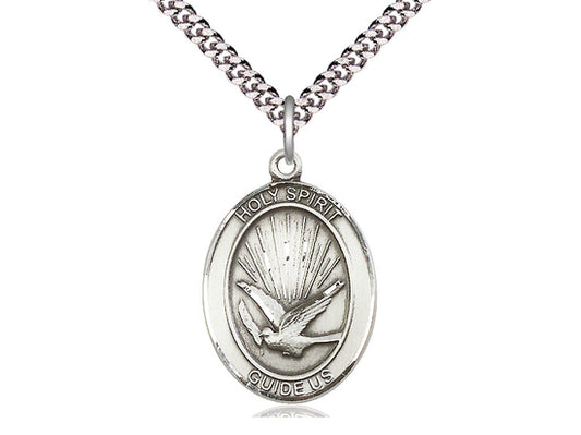 Sterling Silver Holy Spirit Pendant on a 24 inch Light Rhodium Heavy Curb Chain - Unique Catholic Gifts