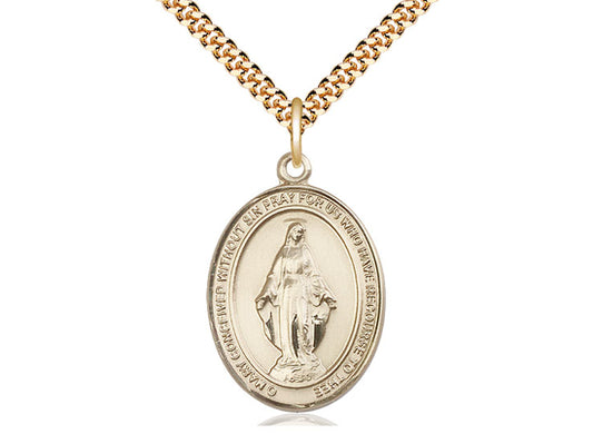 14kt Gold Filled Miraculous Pendant on a 24 inch Gold Plate Heavy Curb Chain. - Unique Catholic Gifts