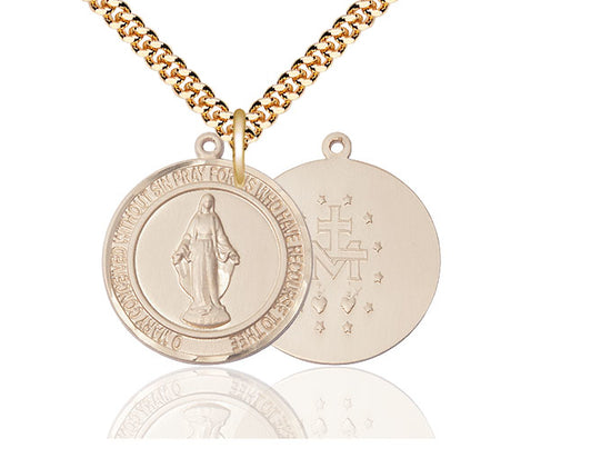 14kt Gold Filled Miraculous Pendant on a 24 inch Gold Plate Heavy Curb Chain - Unique Catholic Gifts