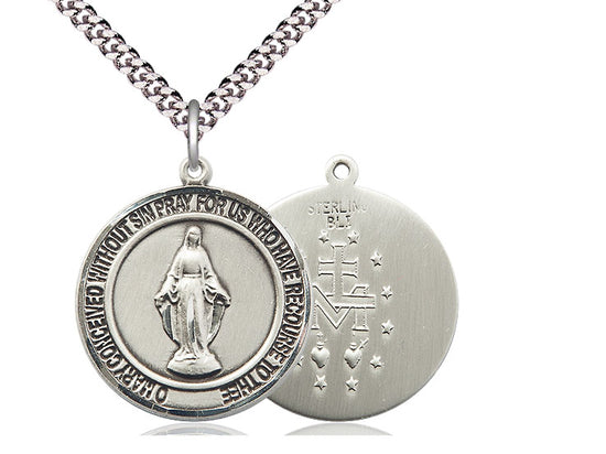 Sterling Silver Miraculous Pendant on a 24 inch Light Rhodium Heavy Curb Chain - Unique Catholic Gifts