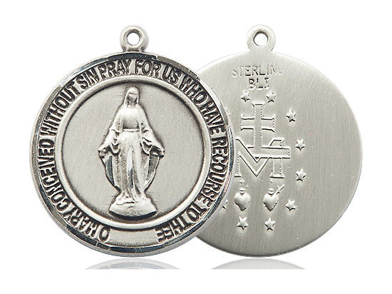 Sterling Silver Miraculous Pendant on a 24 inch Light Rhodium Heavy Curb Chain - Unique Catholic Gifts