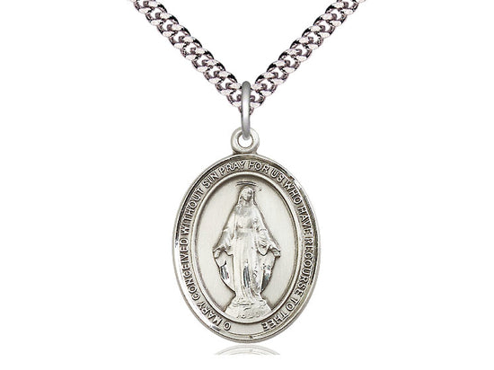 Sterling Silver Miraculous Pendant on a 24 inch Light Rhodium Heavy Curb Chain - Unique Catholic Gifts