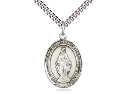 Sterling Silver Miraculous Pendant on a 24 inch Light Rhodium Heavy Curb Chain - Unique Catholic Gifts