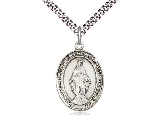 Sterling Silver Miraculous Pendant on a 24 inch Light Rhodium Heavy Curb Chain - Unique Catholic Gifts