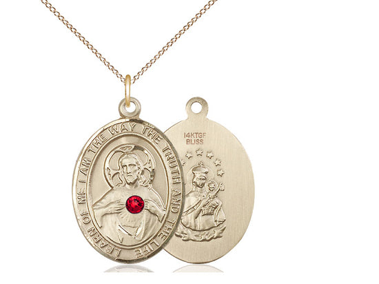 14kt Gold Filled Scapular Pendant with a 3mm Ruby Swarovski stone on a 18 inch Gold Filled Light Curb Chain. - Unique Catholic Gifts