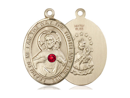 14kt Gold Filled Scapular Pendant with a 3mm Ruby Swarovski stone on a 18 inch Gold Filled Light Curb Chain. - Unique Catholic Gifts