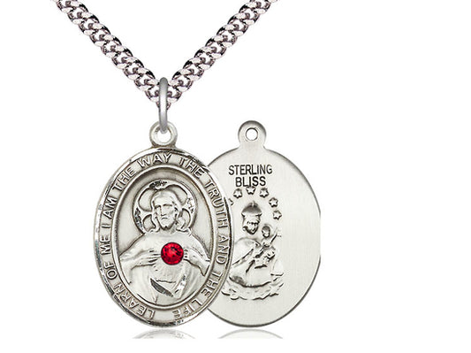 Sterling Silver Scapular Pendant with a 3mm Ruby Swarovski stone on a 24 inch Light Rhodium Heavy Curb Chain - Unique Catholic Gifts