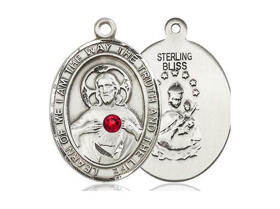 Sterling Silver Scapular Pendant with a 3mm Ruby Swarovski stone on a 24 inch Light Rhodium Heavy Curb Chain - Unique Catholic Gifts
