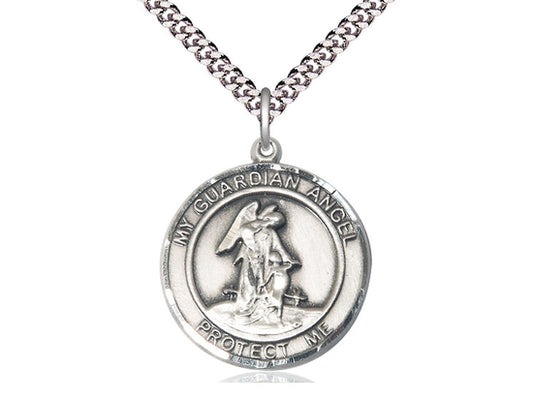 Sterling Silver Guardian Angel Pendant on a 24 inch Light Rhodium Heavy Curb Chain - Unique Catholic Gifts