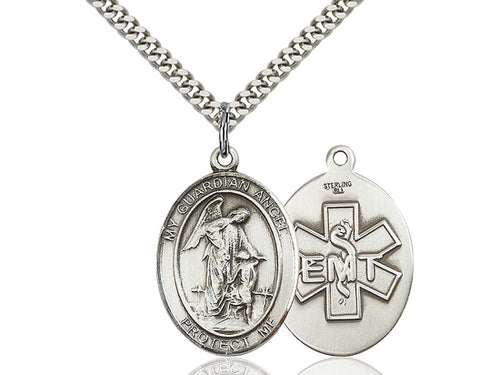 Sterling Silver Guardian Angel EMT Pendant on a 24 inch Light Rhodium Heavy Curb Chain - Unique Catholic Gifts