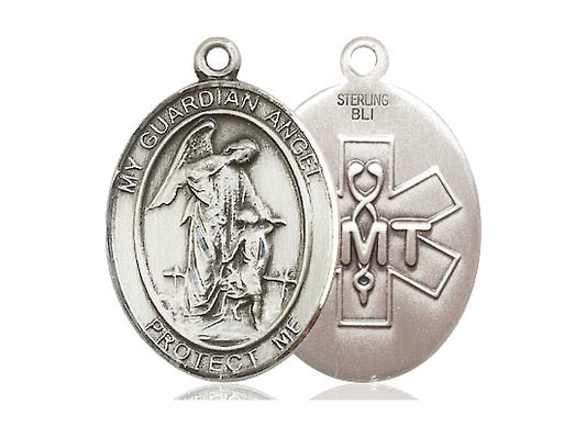 Sterling Silver Guardian Angel EMT Pendant on a 24 inch Light Rhodium Heavy Curb Chain - Unique Catholic Gifts