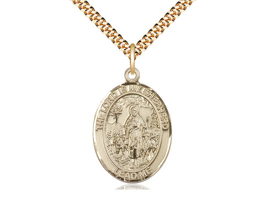 14kt Gold Filled Lord Is My Shepherd Pendant on a 24 inch Gold Plate Heavy Curb Chain. - Unique Catholic Gifts
