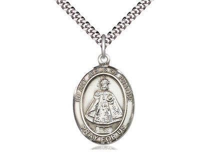 Sterling Silver Infant of Prague Pendant on a 24 inch Light Rhodium Heavy Curb Chain - Unique Catholic Gifts