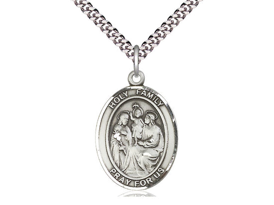Sterling Silver Holy Family Pendant on a 24 inch Light Rhodium Heavy Curb Chain - Unique Catholic Gifts
