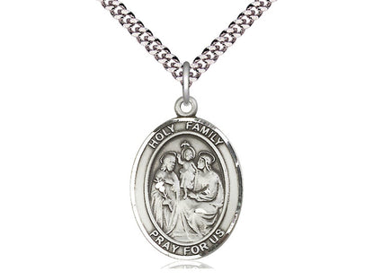 Sterling Silver Holy Family Pendant on a 24 inch Light Rhodium Heavy Curb Chain - Unique Catholic Gifts