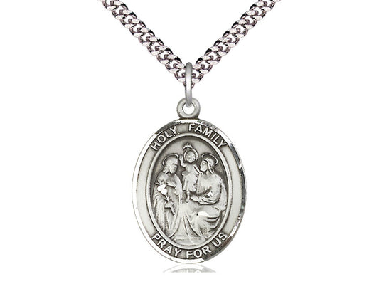 Sterling Silver Holy Family Pendant on a 24 inch Light Rhodium Heavy Curb Chain - Unique Catholic Gifts