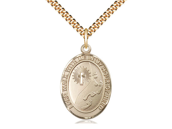 14kt Gold Filled Footprints Cross Pendant on a 24 inch Gold Plate Heavy Curb Chain - Unique Catholic Gifts