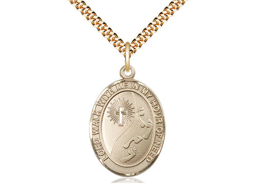 14kt Gold Filled Footprints Cross Pendant on a 24 inch Gold Plate Heavy Curb Chain - Unique Catholic Gifts