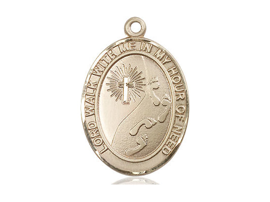 14kt Gold Filled Footprints Cross Pendant on a 24 inch Gold Plate Heavy Curb Chain - Unique Catholic Gifts