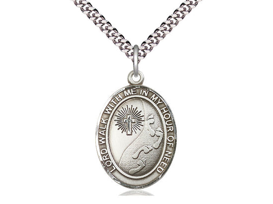 Sterling Silver Footprints Cross Pendant on a 24 inch Light Rhodium Heavy Curb Chain - Unique Catholic Gifts