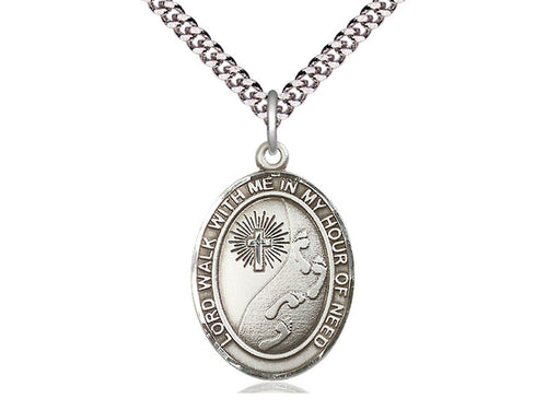 Sterling Silver Footprints Cross Pendant on a 24 inch Light Rhodium Heavy Curb Chain - Unique Catholic Gifts