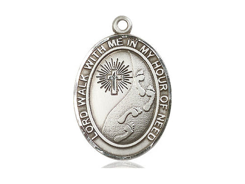 Sterling Silver Footprints Cross Pendant on a 24 inch Light Rhodium Heavy Curb Chain - Unique Catholic Gifts
