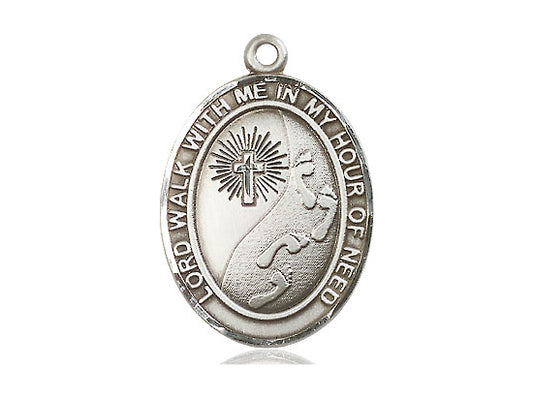 Sterling Silver Footprints Cross Pendant on a 24 inch Light Rhodium Heavy Curb Chain - Unique Catholic Gifts