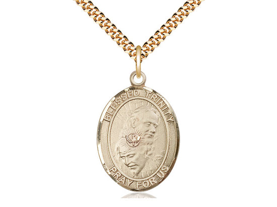14kt Gold Filled Blessed Trinity Pendant on a 24 inch Gold Plate Heavy Curb Chain - Unique Catholic Gifts