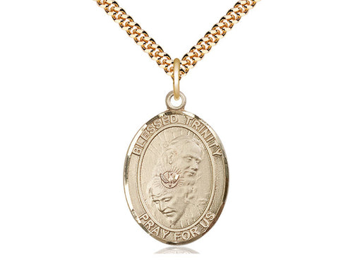 14kt Gold Filled Blessed Trinity Pendant on a 24 inch Gold Plate Heavy Curb Chain - Unique Catholic Gifts