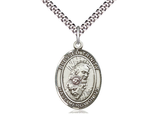 Sterling Silver Blessed Trinity Pendant on a 24 inch Light Rhodium Heavy Curb Chain - Unique Catholic Gifts