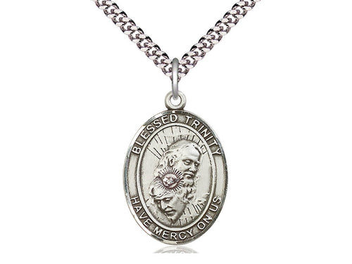 Sterling Silver Blessed Trinity Pendant on a 24 inch Light Rhodium Heavy Curb Chain - Unique Catholic Gifts