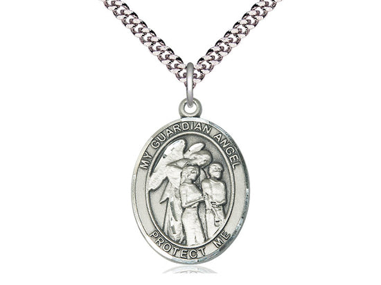 Sterling Silver Guardian Angel w/Children Pendant on a 24 inch Light Rhodium Heavy Curb Chain - Unique Catholic Gifts