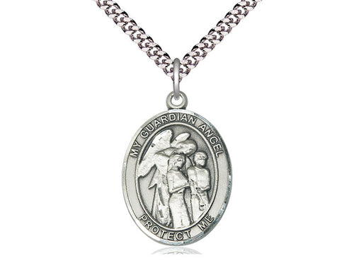 Sterling Silver Guardian Angel w/Children Pendant on a 24 inch Light Rhodium Heavy Curb Chain - Unique Catholic Gifts