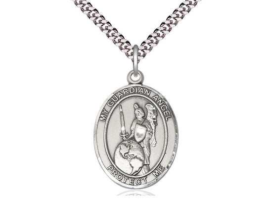 Sterling Silver Guardian Angel of the World Pendant on a 24 inch Light Rhodium Heavy Curb Chain. - Unique Catholic Gifts