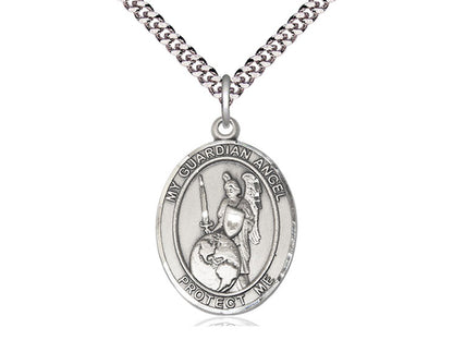 Sterling Silver Guardian Angel of the World Pendant on a 24 inch Light Rhodium Heavy Curb Chain. - Unique Catholic Gifts